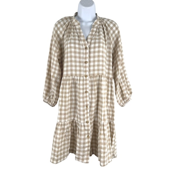 Hatch The Aurora Mini Dress‎ Maternity Size 0 Tan Ivory Gingham NWT DR-1679 - Picture 1 of 10